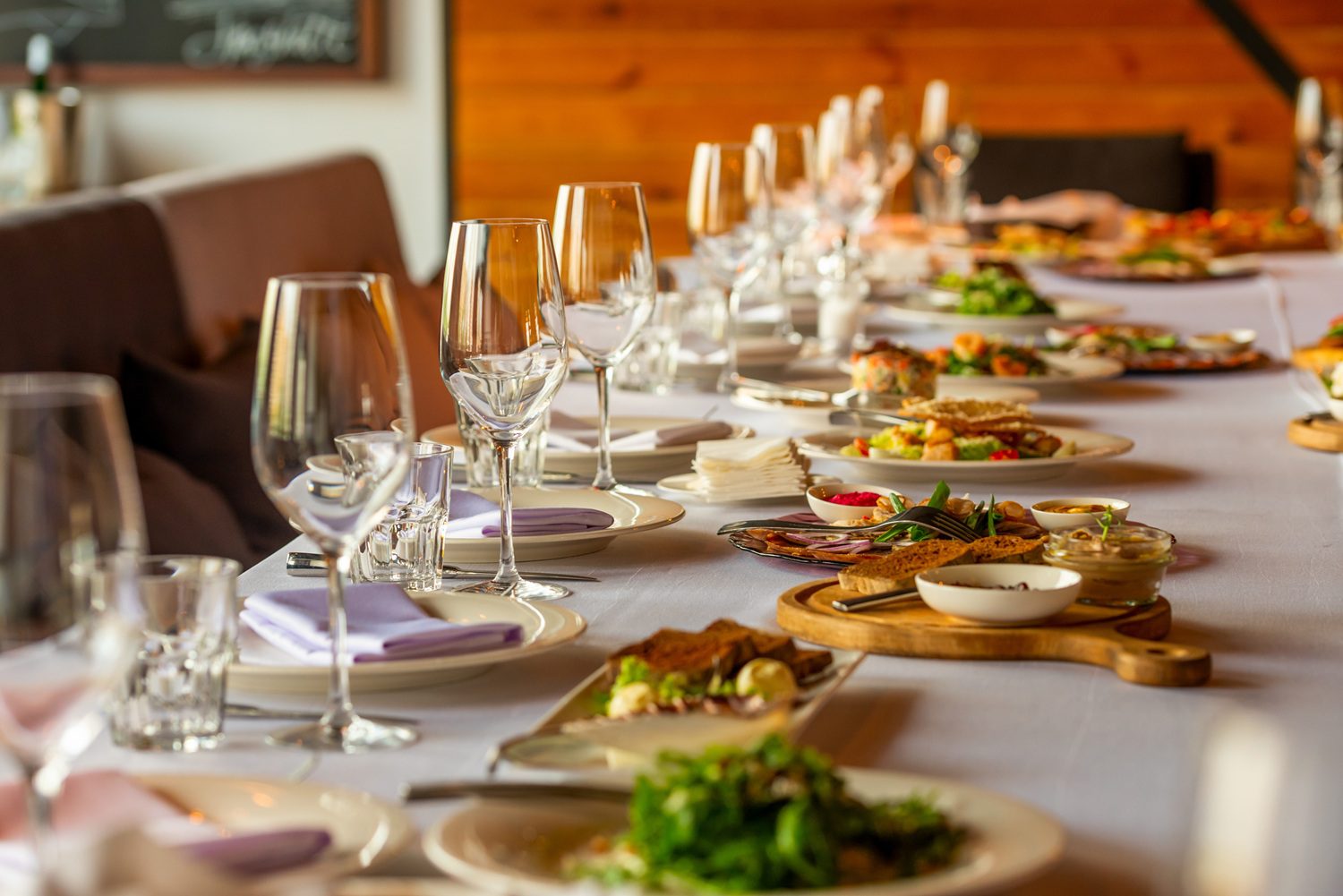 a served table with salads and snacks in the restaurant